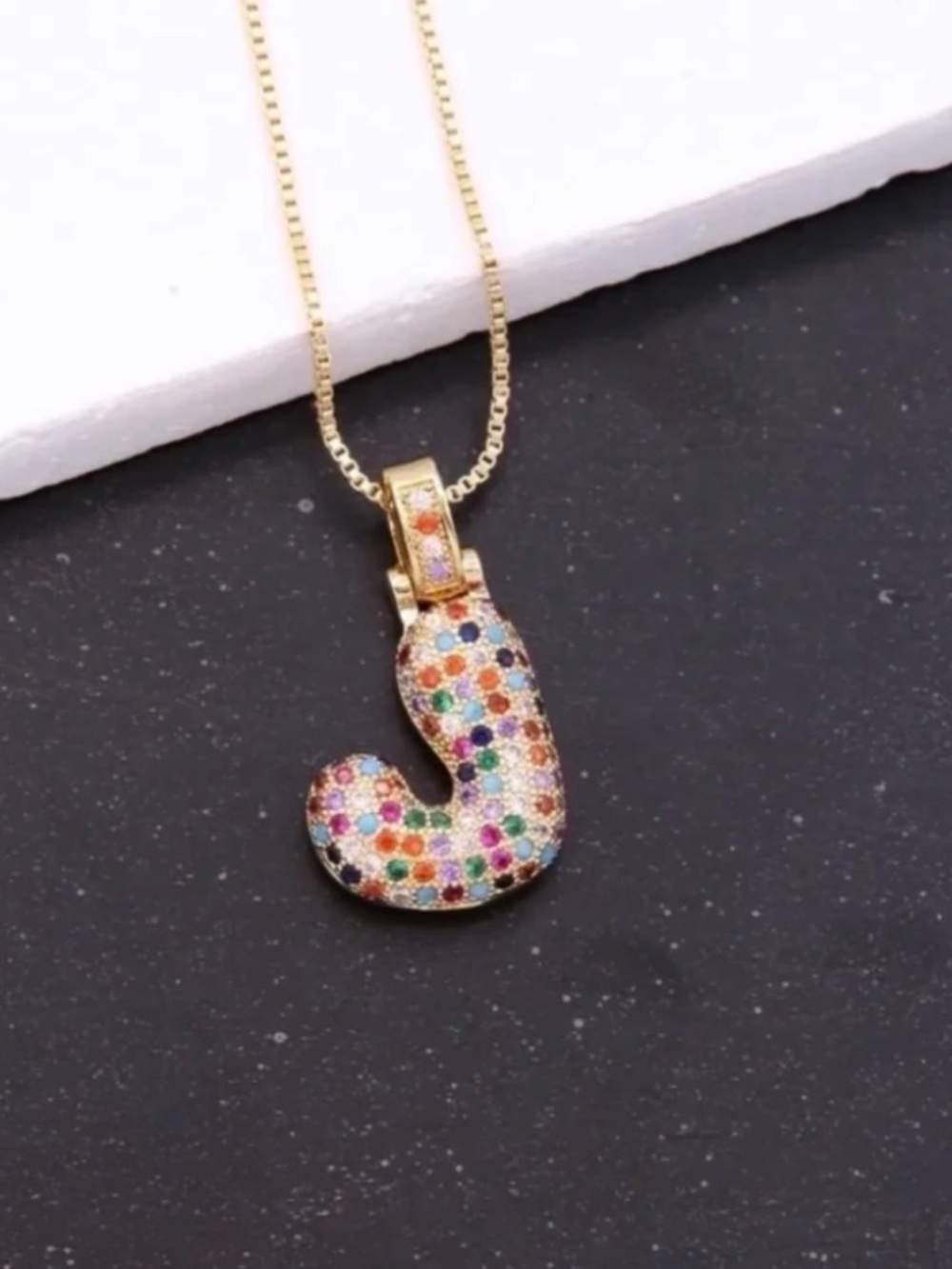 18K Gold Plated Multicolor CZ Initial J Necklace 18”